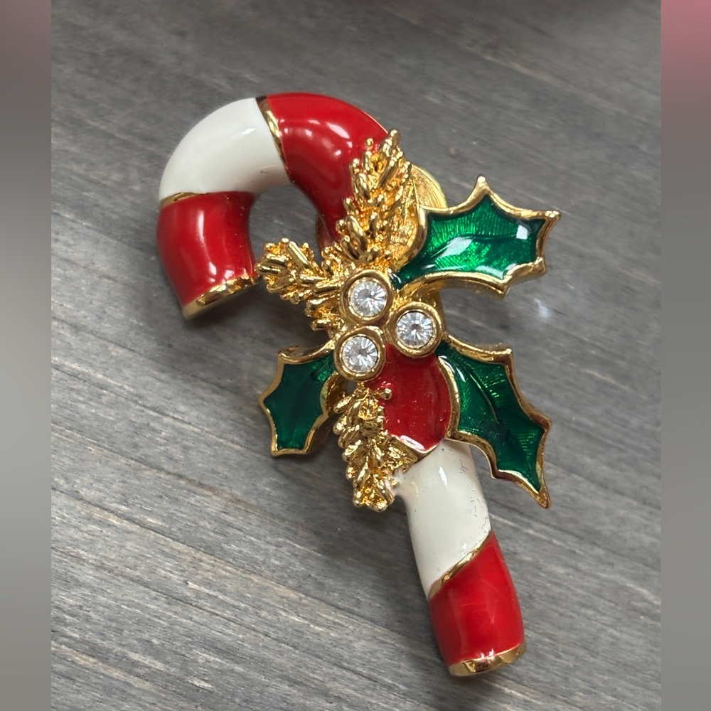 Clearance: Vintage Enamel Candy Cane Pin with Holly and Rhinestone Accents